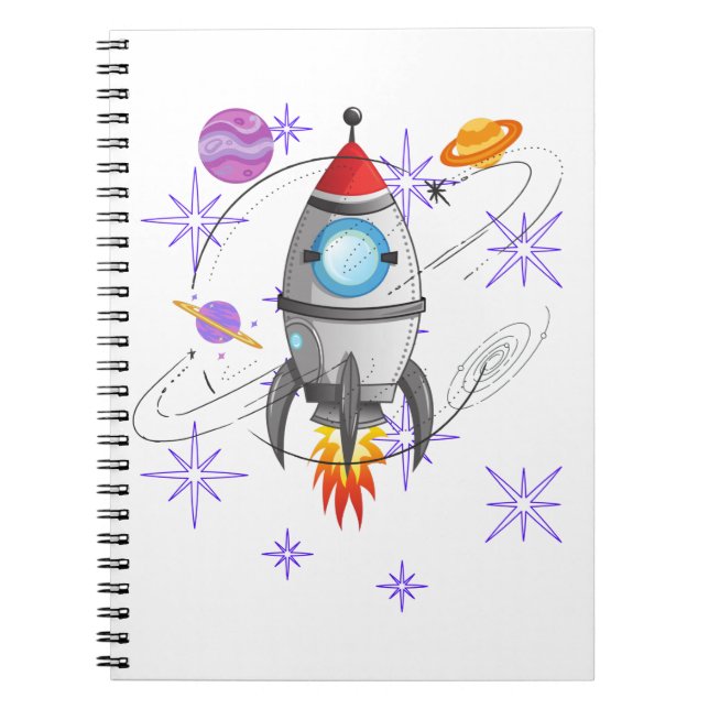 Fun Rocket Ship Space Stars Planets Notebook (Front)