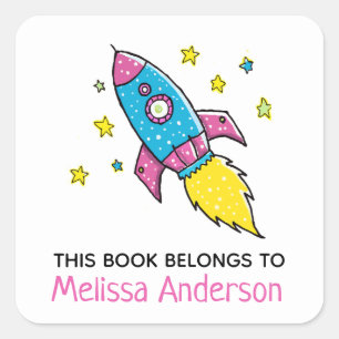 Fun Rocketship Girl 'This Book Belongs' and Name Square Sticker