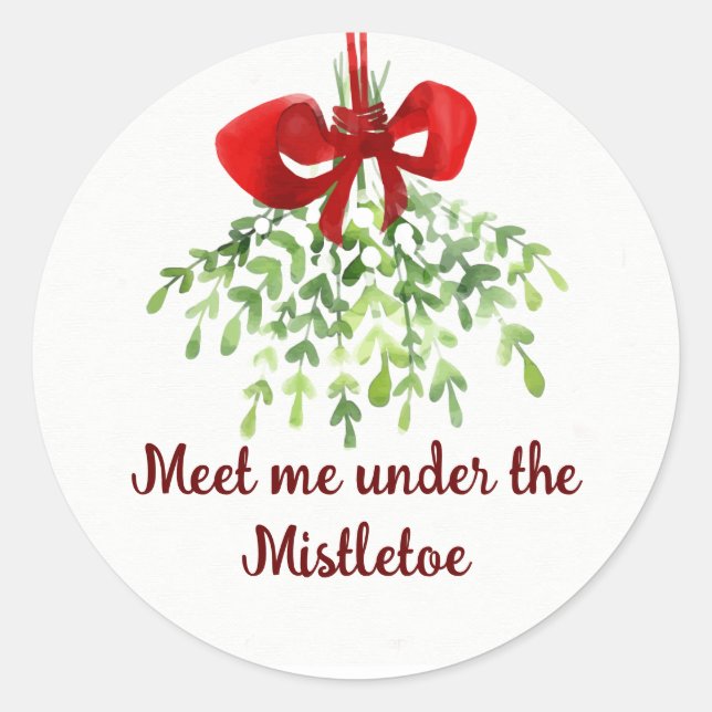 Fun Romantic Meet Under Mistletoe Quote Christmas Classic Round Sticker (Front)