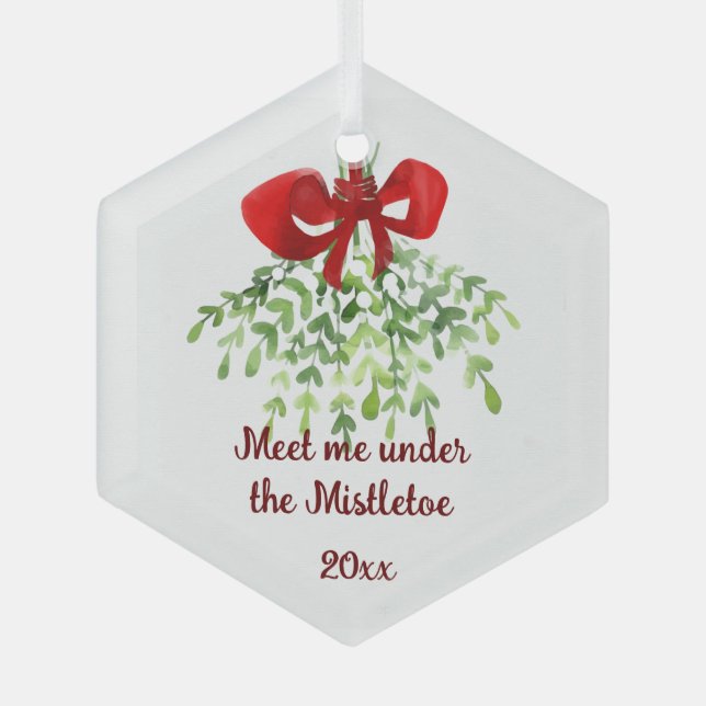Fun Romantic Meet Under Mistletoe Quote Christmas  Glass Tree Decoration (Front)