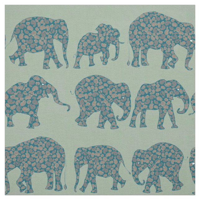 Fun Rows of Paisley Elephants on Green Pattern Fabric (Swatch)