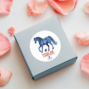 Fun Rustic Blue Red Horse Pony Western Watercolor  Classic Round Sticker