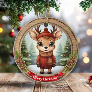 Fun Rustic Pine Wood Fawn Gift Tag Unique Doe 🦌🎄 Ceramic Tree Decoration