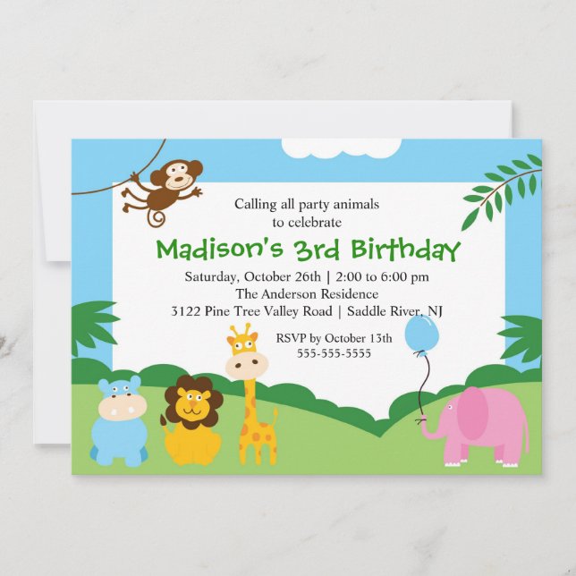 Fun Safari 1st Birthday Invitation (Front)
