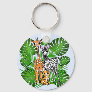 Fun Safari friends giraffe zebra tiger palm leaves Key Ring