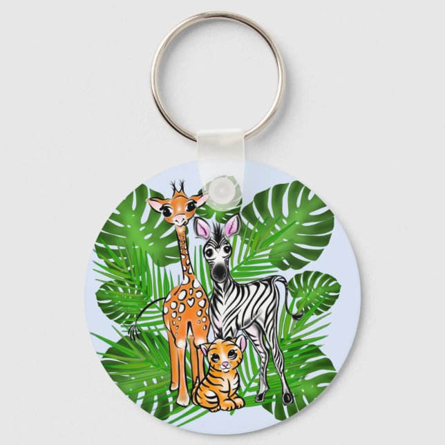 Fun Safari friends giraffe zebra tiger palm leaves Key Ring (Front)