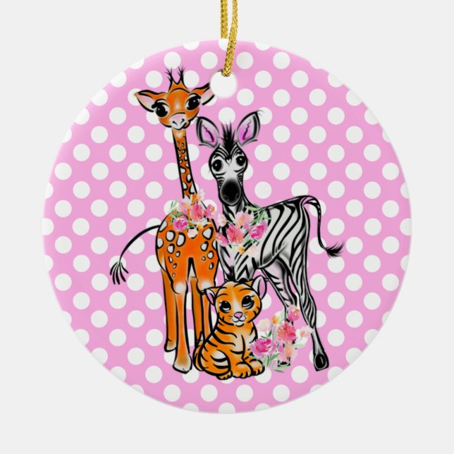 Fun Safari friends giraffe zebra tiger pink polka Ceramic Tree Decoration (Front)
