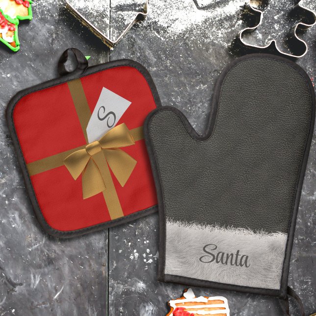 Fun Santa Claus Glove and Gift Christmas Holiday Oven Mitt & Pot Holder Set (Fun and festive oven mitt set with space for your name and initial)