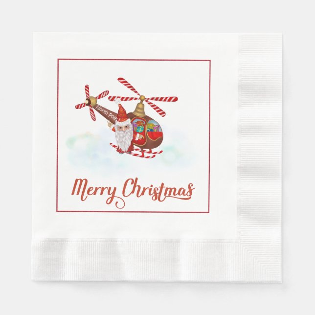 Fun Santa Claus in Helicopter Christmas Paper Napk Napkin (Front)