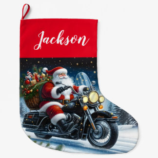 Fun Santa Claus Riding a Motorcycle Large Christmas Stocking