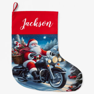 Fun Santa Claus Riding a Motorcycle Large Christmas Stocking