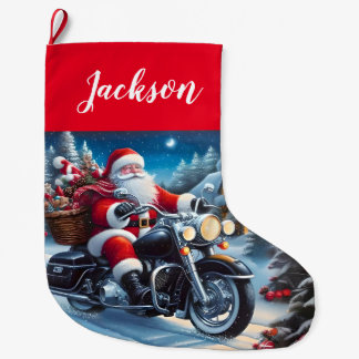 Fun Santa Claus Riding a Motorcycle Large Christmas Stocking