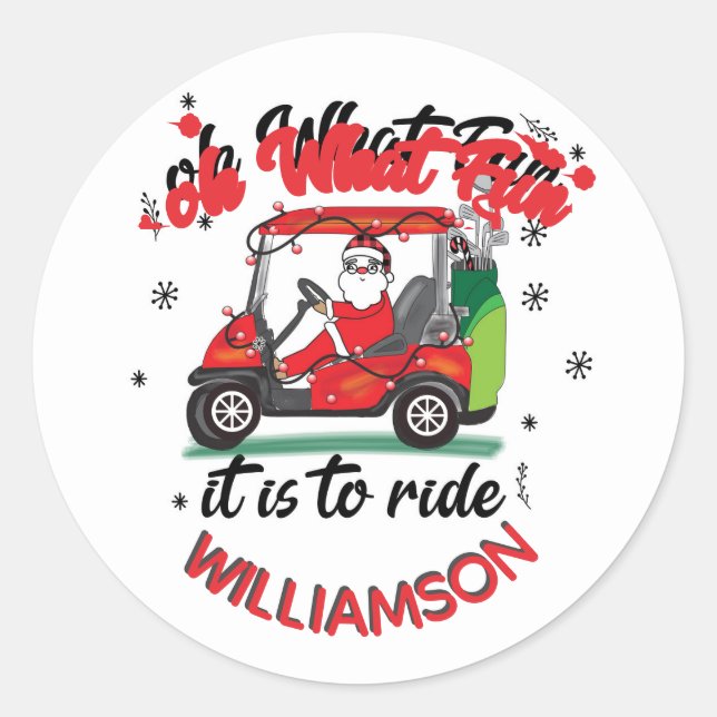 Fun Santa Golf Cart Family Name Classic Round Sticker (Front)