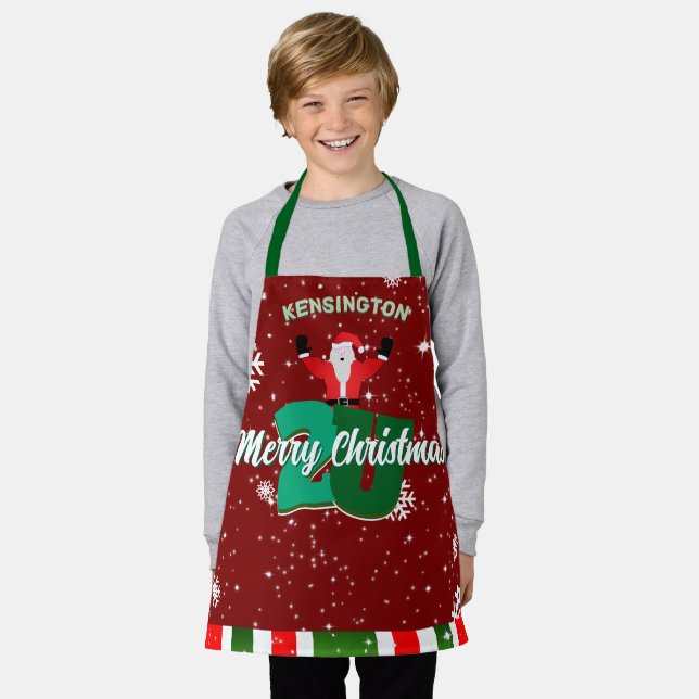 Fun Santa Snowflakes on DARK RED Merry Christmas Apron (Worn)