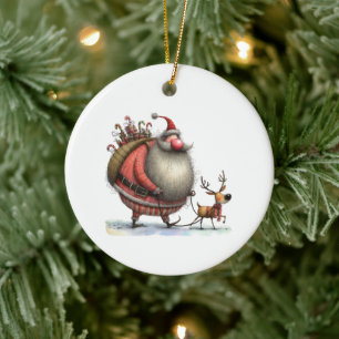 Fun Santa with a Reindeer and Gifts Customised Ceramic Tree Decoration