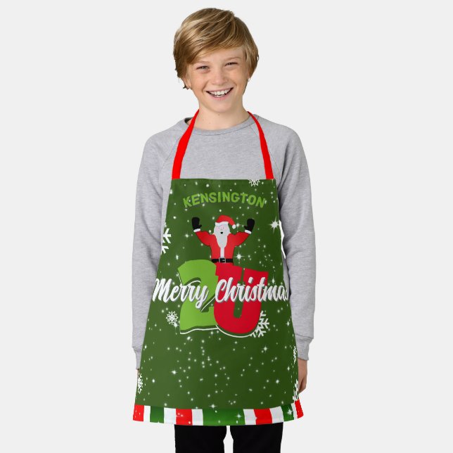 Fun Santa with Snowflakes on GREEN Merry Christmas Apron (Worn)