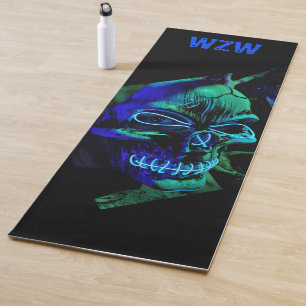 Fun Scary Neon Blue Teal Skull Monogram Yoga Mat