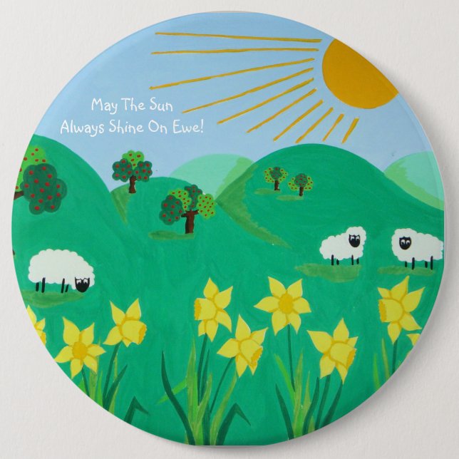 fun scenic illustration of cute sheep 6 cm round badge (Front)