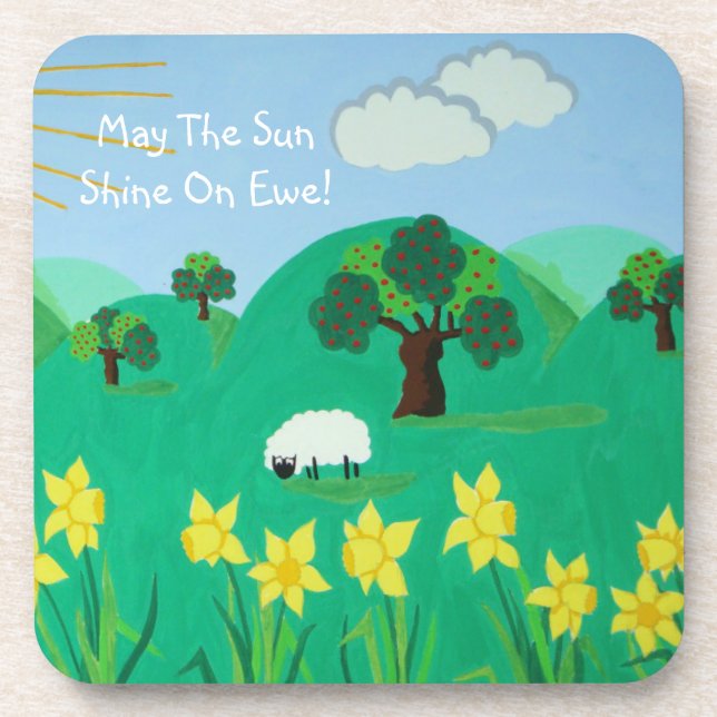 fun scenic illustration of cute sheep coaster (Front)