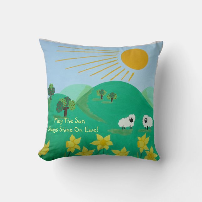 fun scenic illustration of cute sheep cushion (Front)