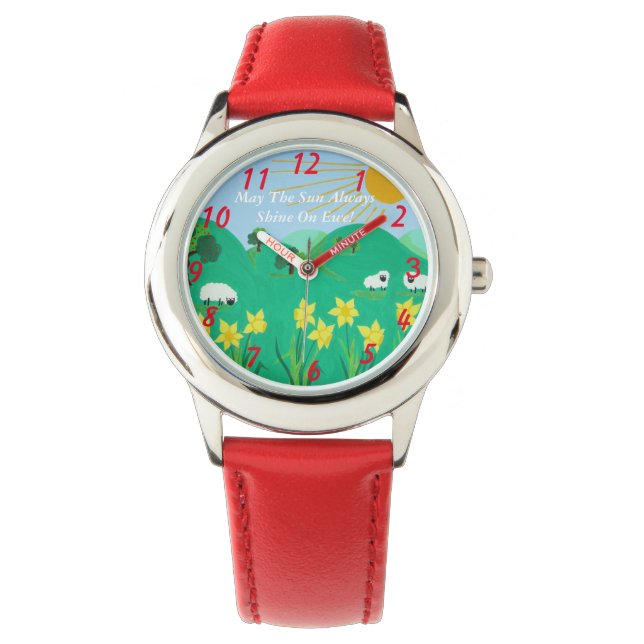 fun scenic illustration of cute sheep for kids watch (Front)