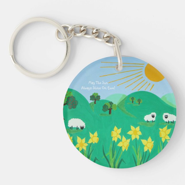 fun scenic illustration of cute sheep key ring (Front)