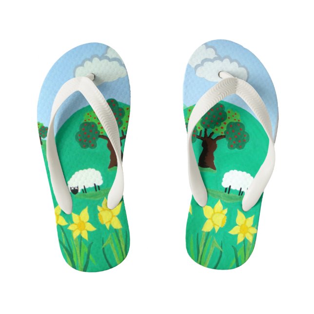 fun scenic illustration of cute sheep kid's flip flops (Footbed)