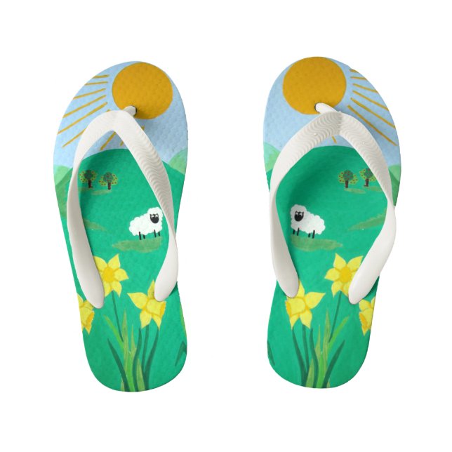 fun scenic illustration of cute sheep kid's flip flops (Footbed)