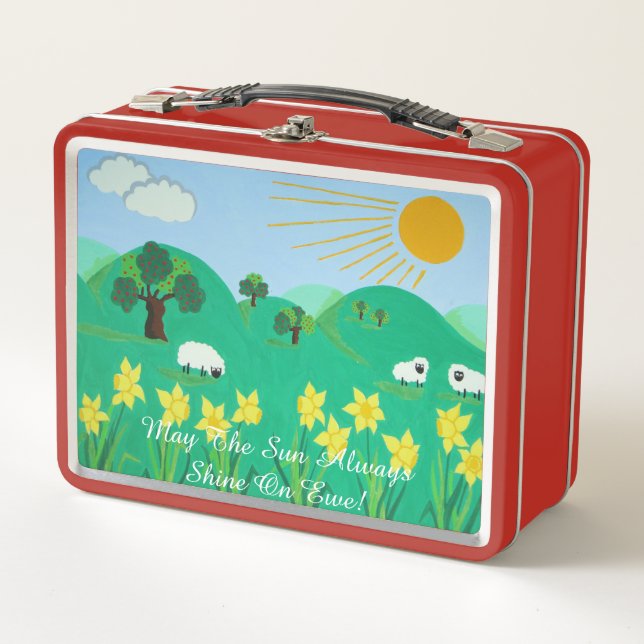 fun scenic illustration of cute sheep metal lunch box (Front)