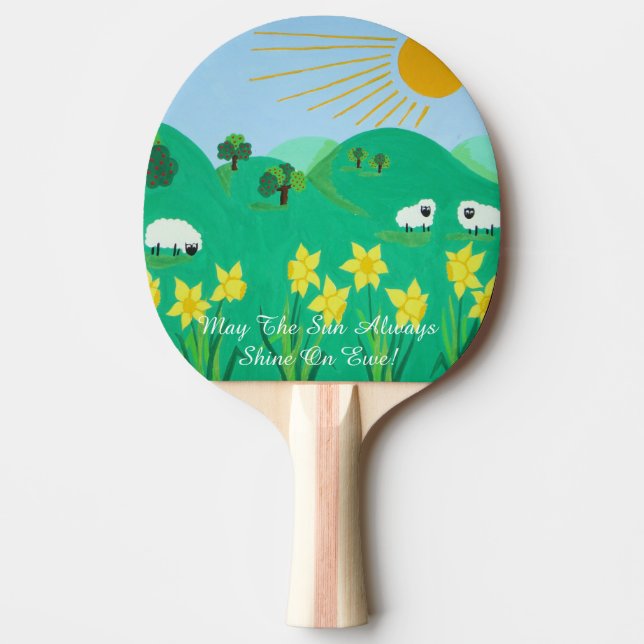 fun scenic illustration of cute sheep ping pong paddle (Front)