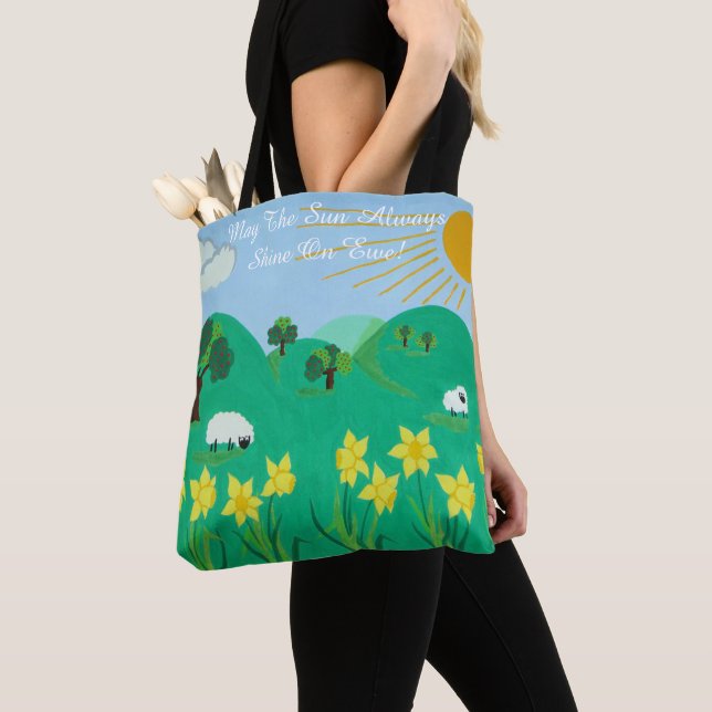 fun scenic illustration of cute sheep tote bag (Close Up)