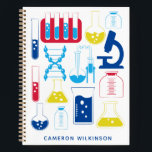 Fun Science Chemistry Laboratory Custom Blue Notebook<br><div class="desc">This fun custom notebook features a cute science and chemistry themed design in primary colours. Personalise it with your name. Great gift idea!</div>