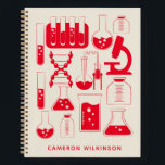 Fun Science Chemistry Laboratory Custom Red Notebook<br><div class="desc">This fun custom notebook features a cute science and chemistry themed design in red and white. Personalise it with your name. Great gift idea!</div>