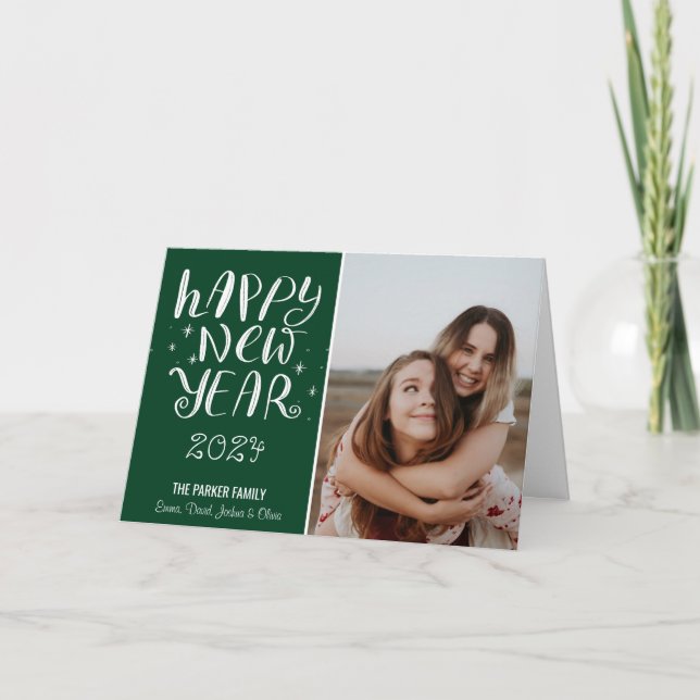 Fun Script Happy New Year Photo Cute Green Holiday Card (Front)