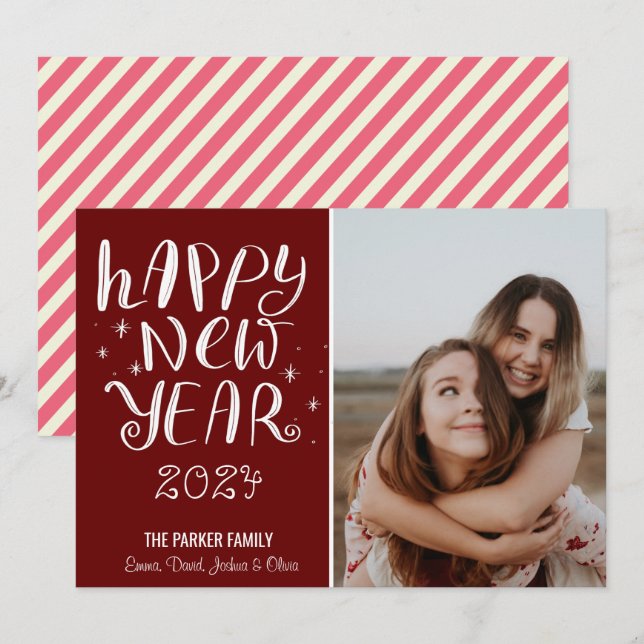 Fun Script Happy New Year Photo Cute Red Stripe Holiday Card (Front/Back)