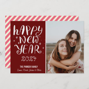 Fun Script Happy New Year Photo Cute Red Stripe Holiday Card