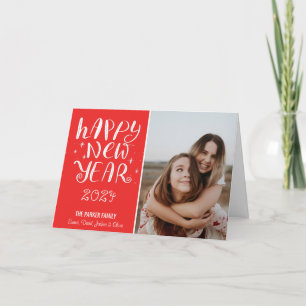 Fun Script Happy New Year Photo Cute Red Stripe Holiday Card