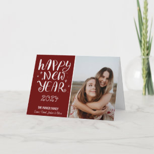Fun Script Happy New Year Photo Cute Red Stripe Holiday Card