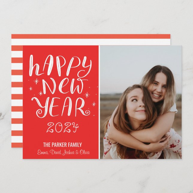 Fun Script Happy New Year Photo Cute Red Stripe Holiday Card (Front/Back)