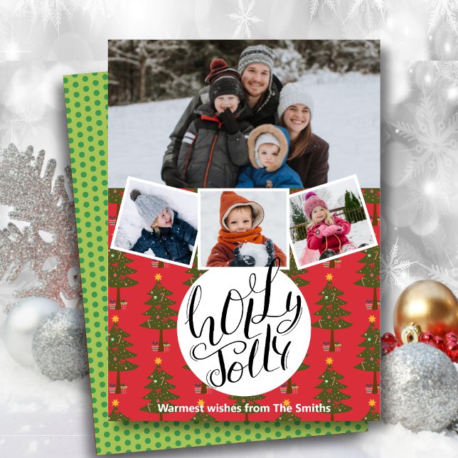 Fun Script Holly Jolly Festive Christmas Pine Tre Holiday Card (Creator Uploaded)