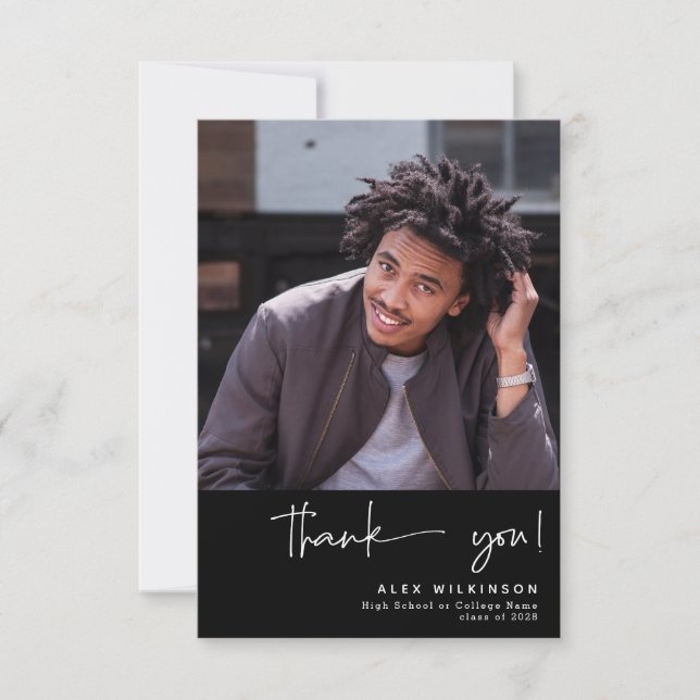 Fun Script Modern Photo Graduation Thank You Card (Front)
