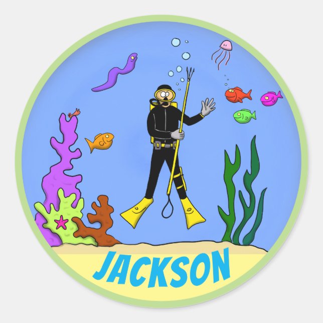 Fun scuba diver cartoon with fish sticker (Front)
