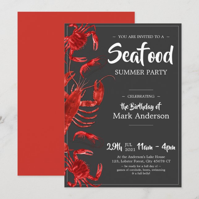 Fun Seafood Summer Dark Grey Birthday Party Invitation (Front/Back)