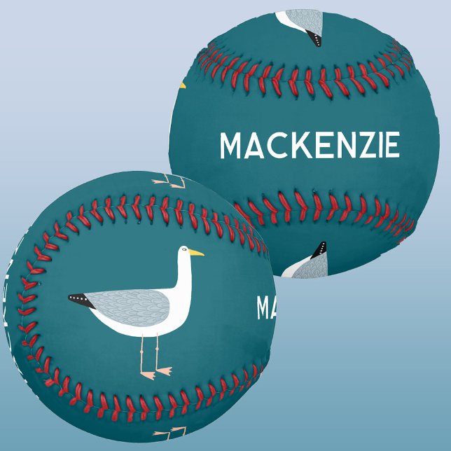 Fun Seagull Personalised Name Baseball (Personalized custom name seagull teal green baseball)