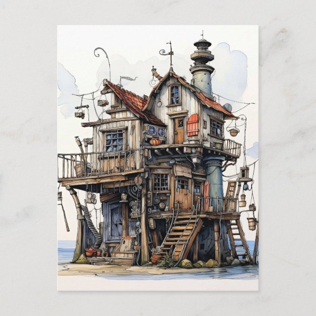 Fun Seaside Shack Art Postcard (Front)