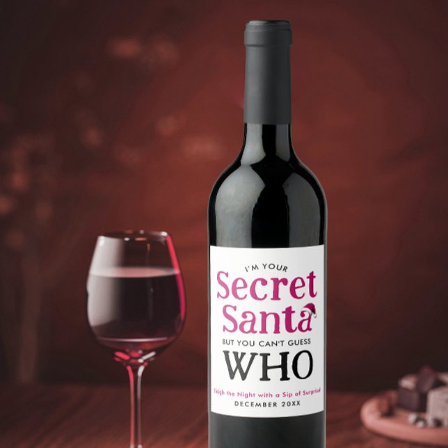 Fun Secret Santa Red And White Hat Modern Script   Wine Label (Creator Uploaded)