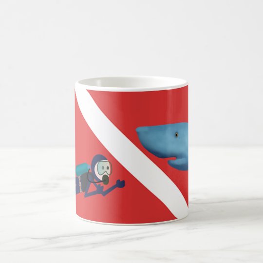 FUN SHARK ENCOUNTER, SCUBA DIVER, RED SCUBA FLAG COFFEE MUG