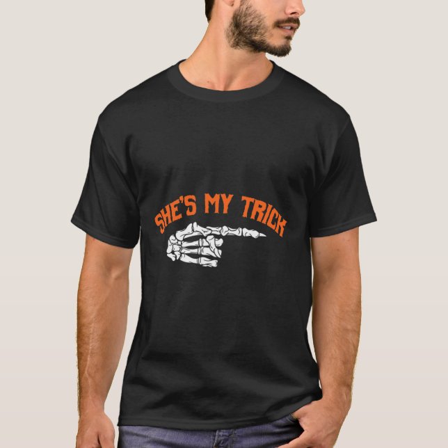 Fun She's My Trick He's My Treat Halloween Couple  T-Shirt (Front)