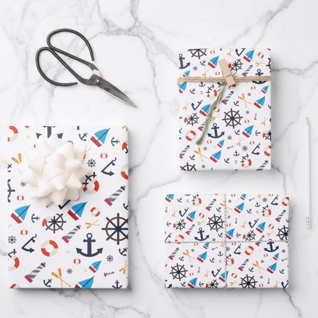 Fun Ship Ahoy Sailing Nautical Lighthouse Wrapping Paper Sheet (Front)