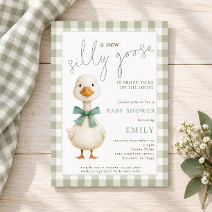Fun Silly Goose Sage Gingham Baby Shower Invitation
